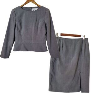 VTG Chetta B Skirt Suit Size 10 Gray Peplum Button Back Academia Career Womens